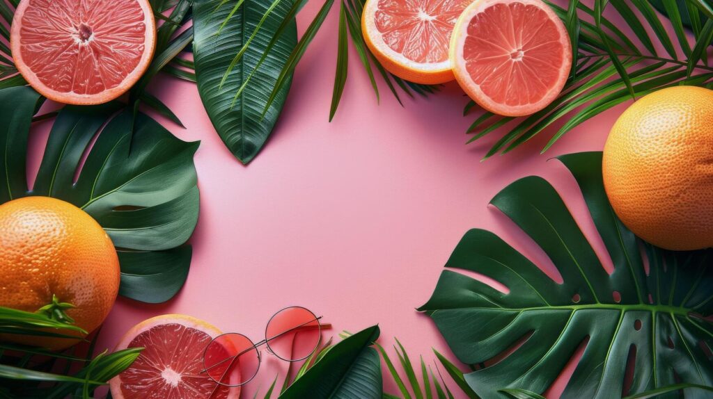 Grapefruits, Oranges, and Palm Leaves on Pink Background Stock Free