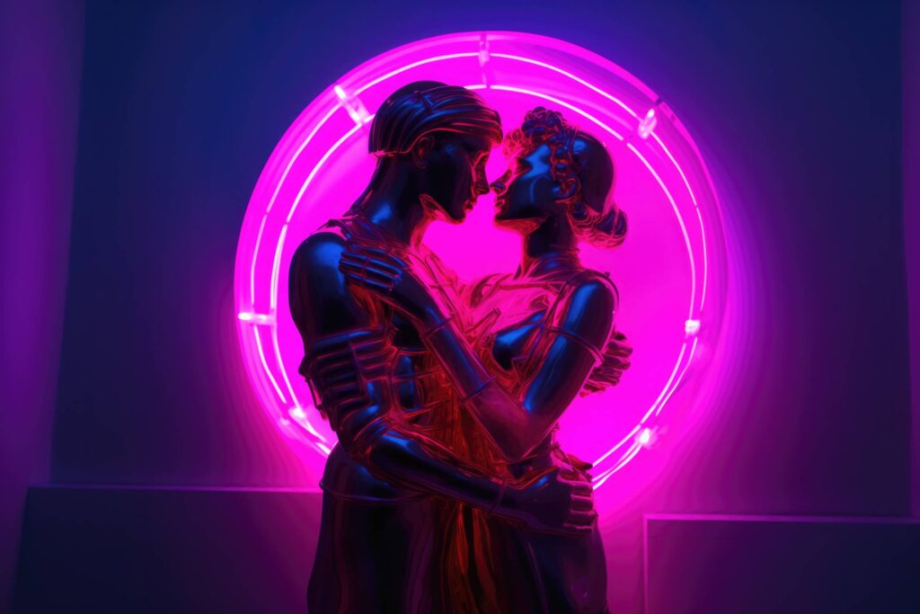 Greek Statues Under Modern Neon Light Stock Free