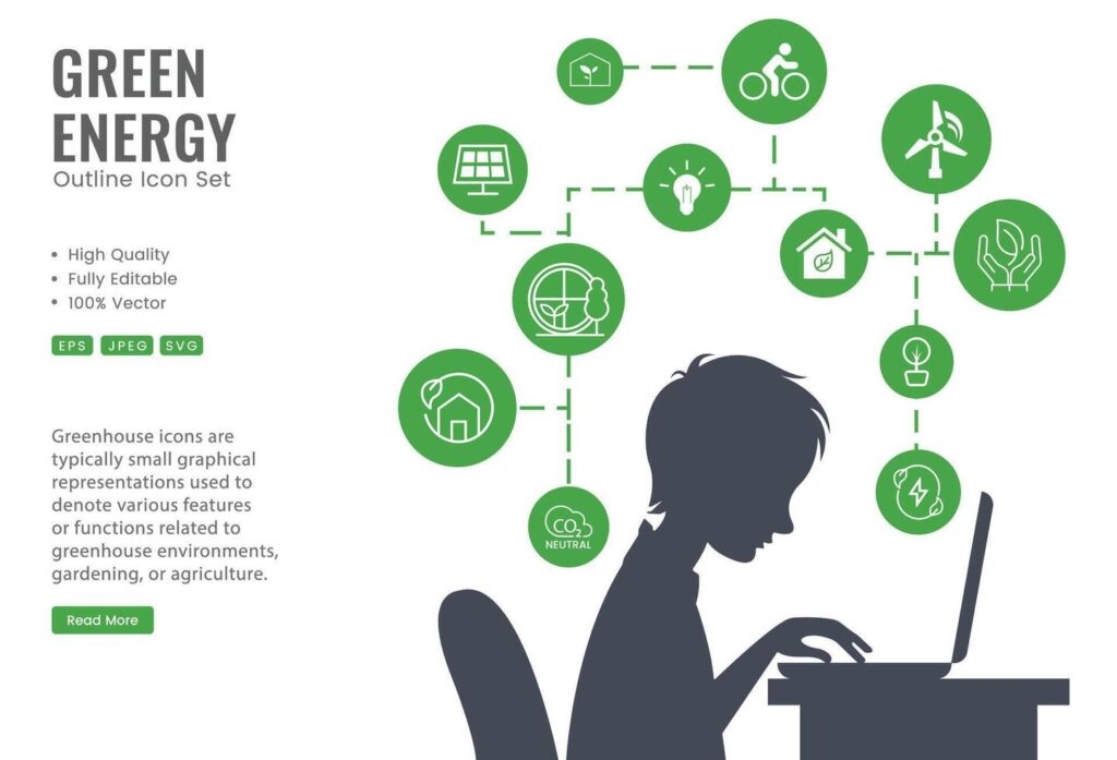 Green energy icon set. Collection of renewable energy, ecology and green electricity icons illustration. Stock Free