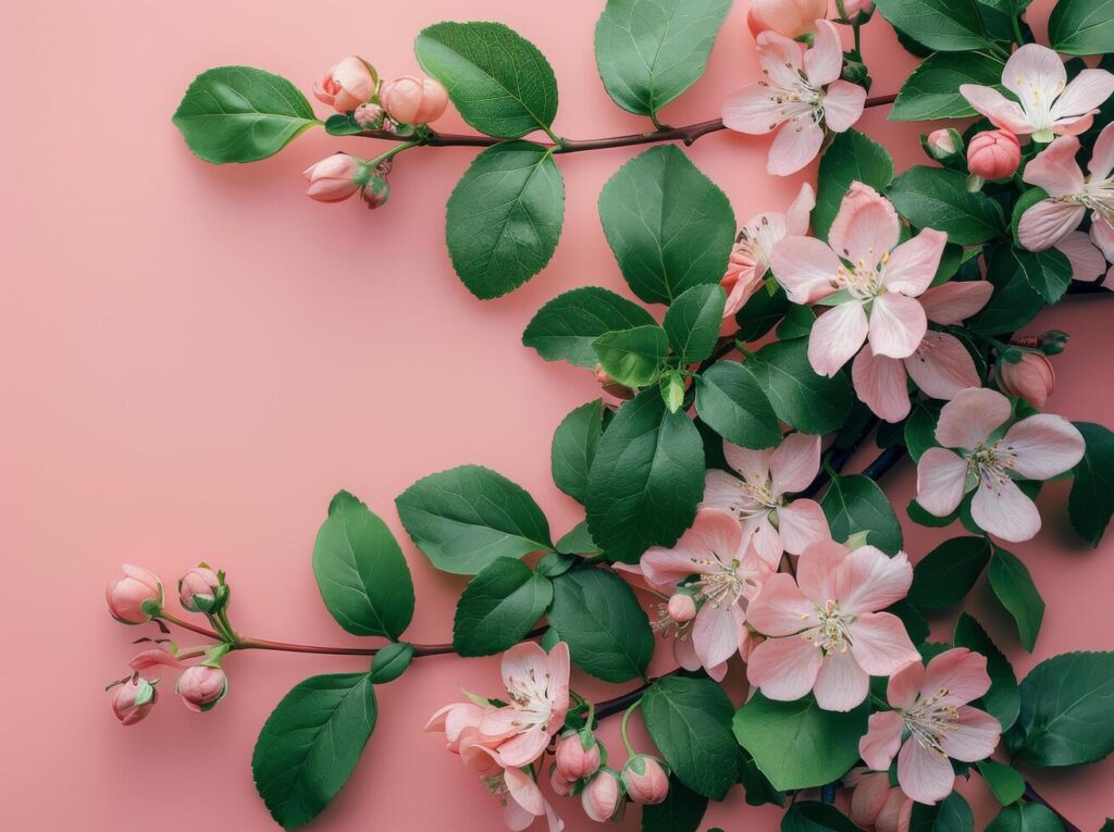 Green Leaves and Flowers on a Pink Background Stock Free