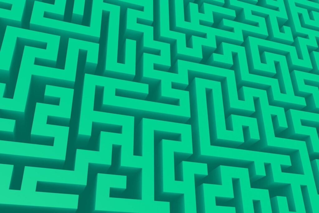 Green perspective isometric maze 3d rendering background. Volume three-dimensional labyrinth pattern design Stock Free