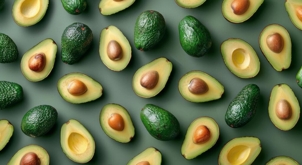 Green Ripe Avocados Arranged on Green Background Stock Free