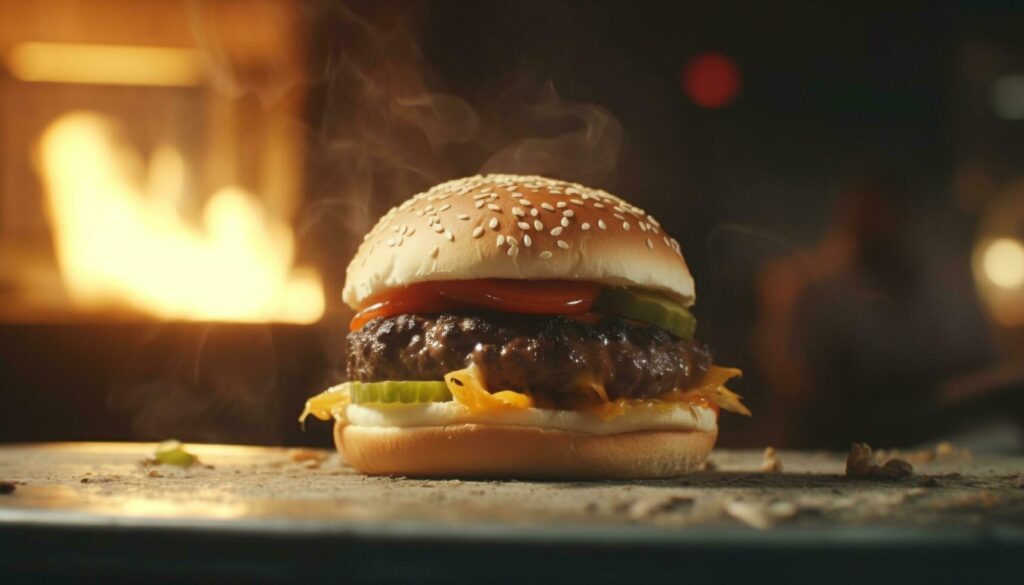 Grilled cheeseburger on rustic wooden table, ready to eat pub food generated by AI Stock Free