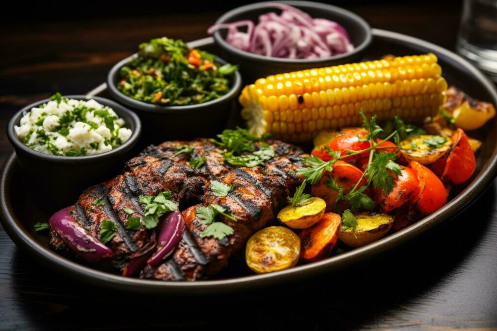 Grilled food with colorful sides Stock Free