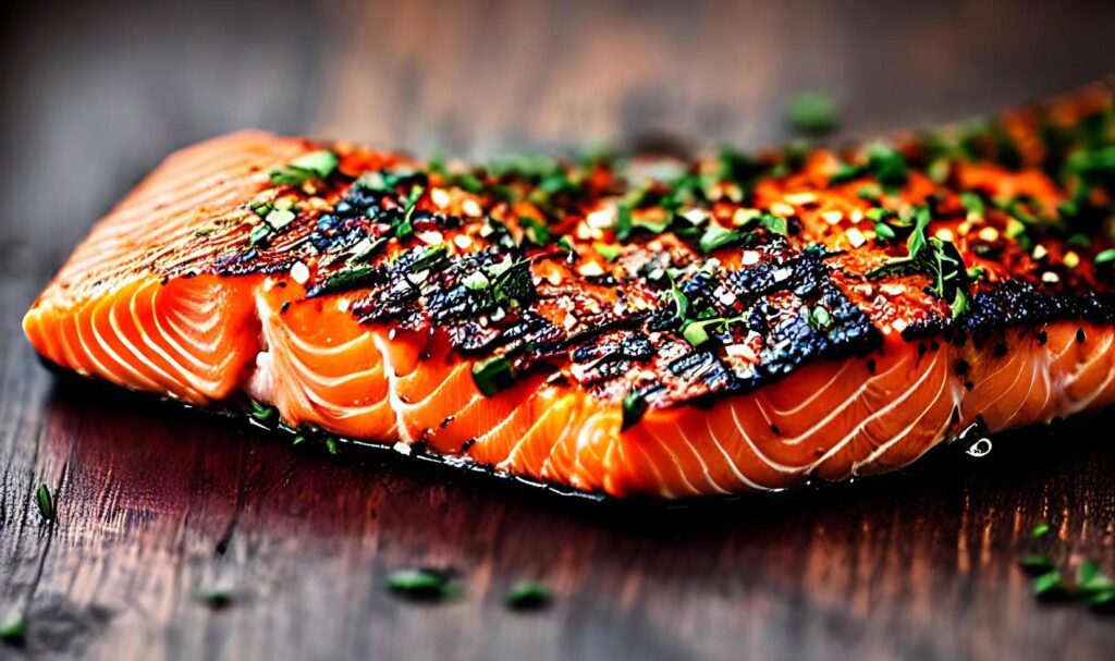 Grilled salmon. Healthy food baked salmon. Hot fish dish. Stock Free