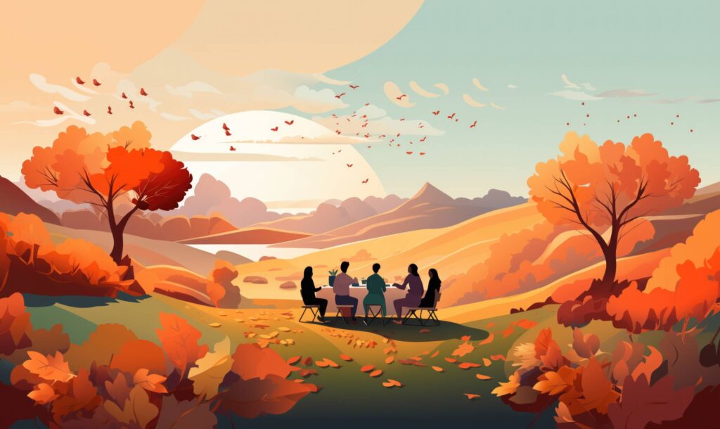 Group of Friends Celebrating Thanksgiving in Beautiful Autumn Landscape Stock Free