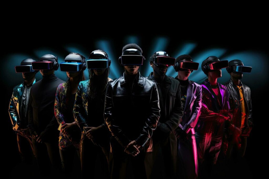 Group of people wearing virtual reality goggles on dark background. 3D rendering, Modern people wearing VR headsets and standing, With hologram effect, full face, AI Generated Stock Free