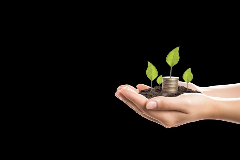 Growth finance concept. Plant growing on the coin in hand for wealth saving money and investment success on black background. Stock Free