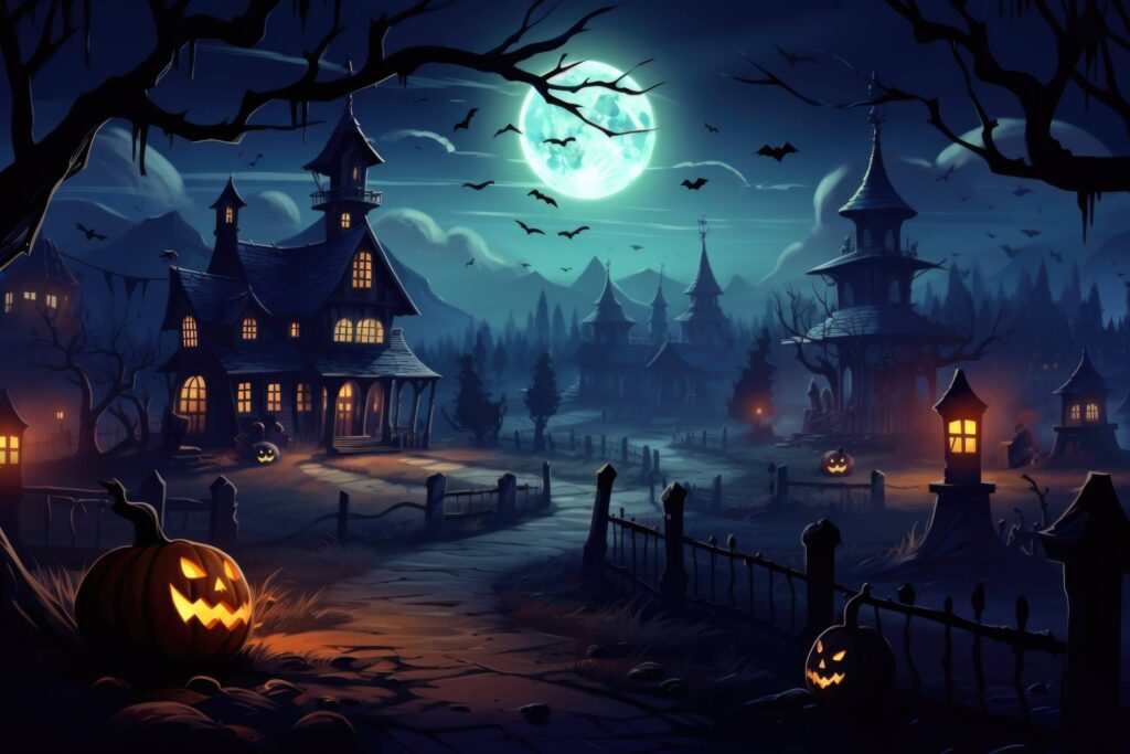 Halloween Night Spooky Scenery with Pumpkins Stock Free