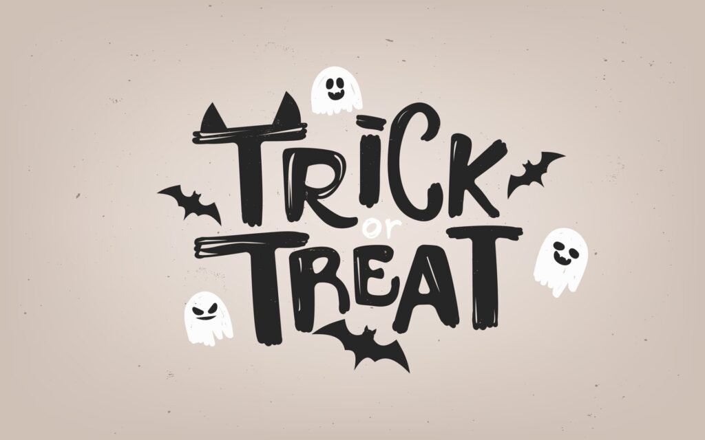 Halloween poster with Trick or Treat lettering. Hand drawn grunge bats and ghosts. Design for cards, banners, and invitations, evoking a vintage, spooky atmosphere. Not Free Vector