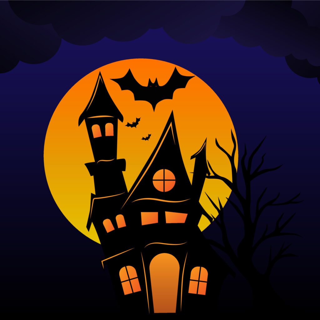 Halloween spooky house and haunted tree with moonlight on purple background. Free Vector