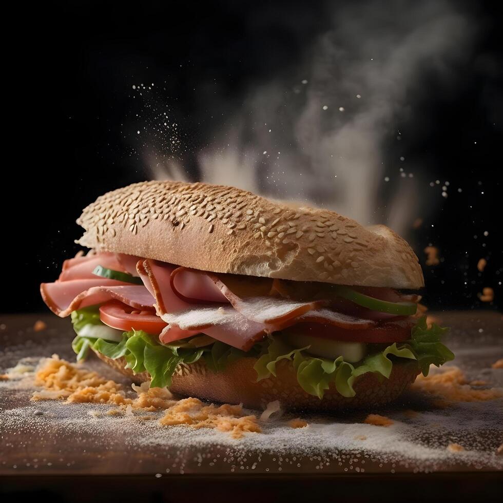 Hamburger with flying ingredients and splashes on a black background, Image Stock Free