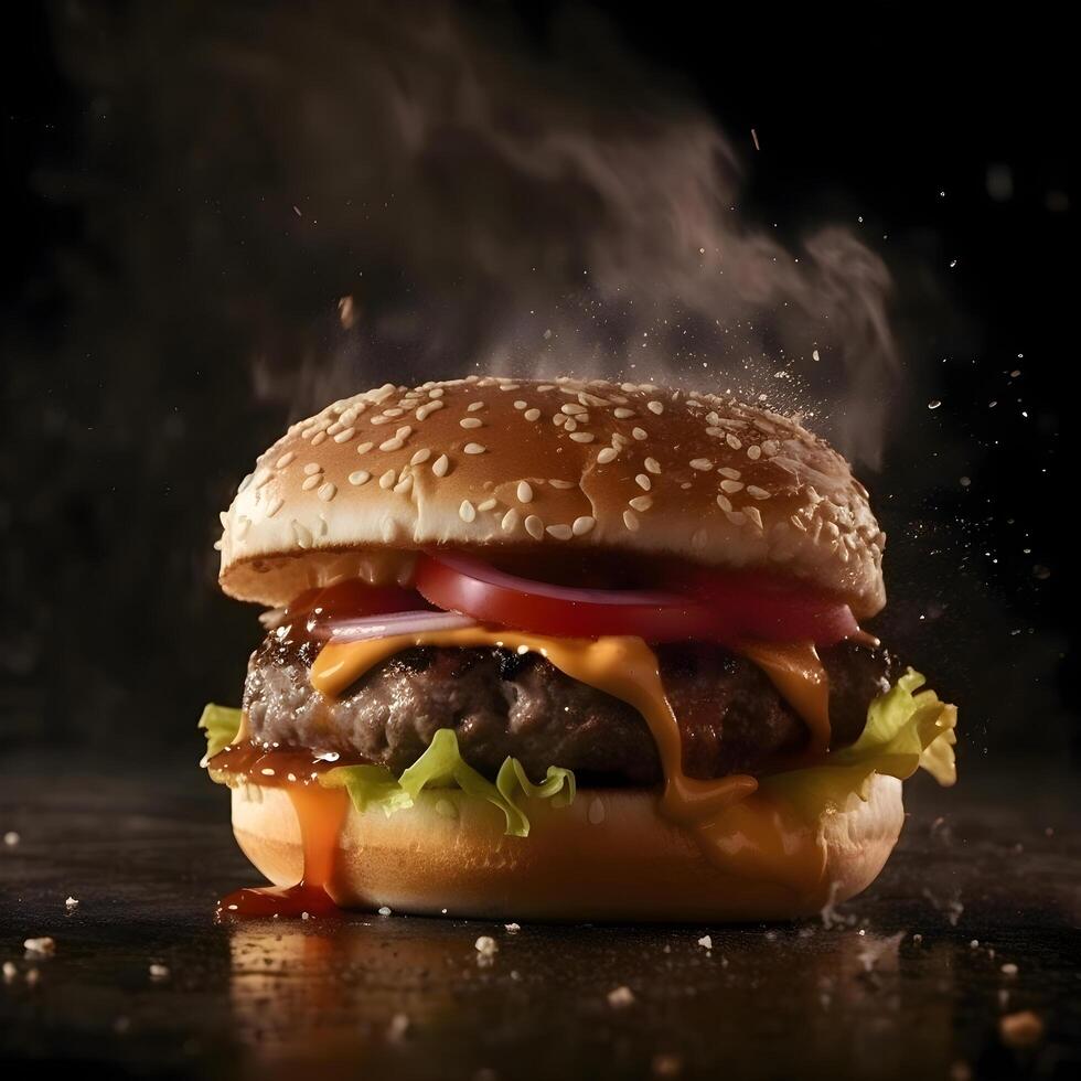 Hamburger with flying ingredients on a dark background. Fast food concept, Image Free Photo