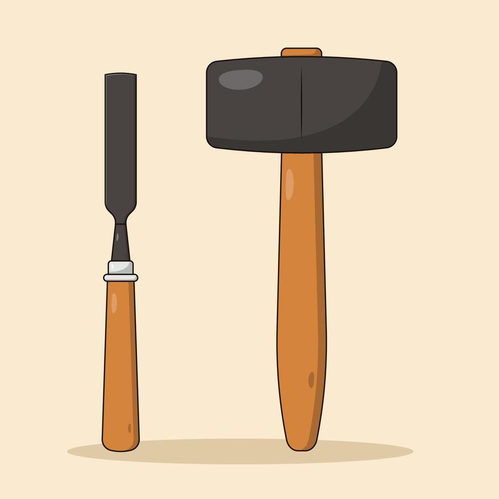 Hammer and Chisel Vector Icon Illustration with Outline for Design Element, Clip Art, Web, Landing page, Sticker, Banner. Flat Cartoon Style Stock Free