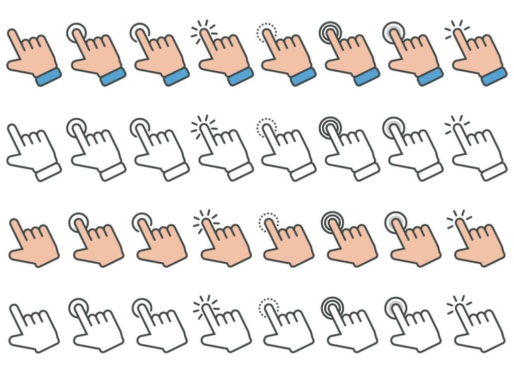 Hand cursor icon in different gestures. Finger mouse cursor. Clicking cursor vector illustration Stock Free