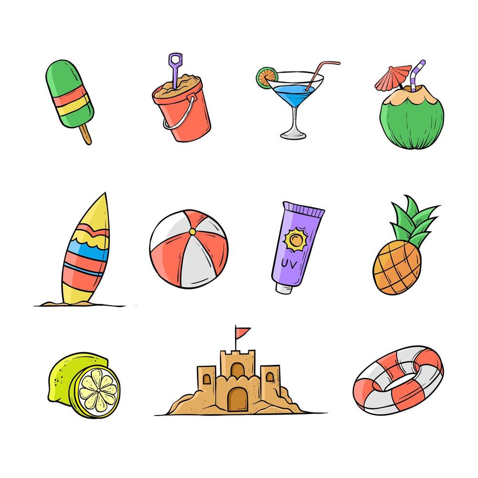 Hand drawn summer icon object illustration. Coconut, pineapple, sand castle, and summer icon set. Stock Free