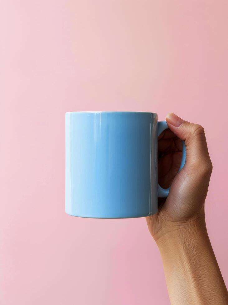 Hand Holding Blue Coffee Mug on Pink Background Stock Free