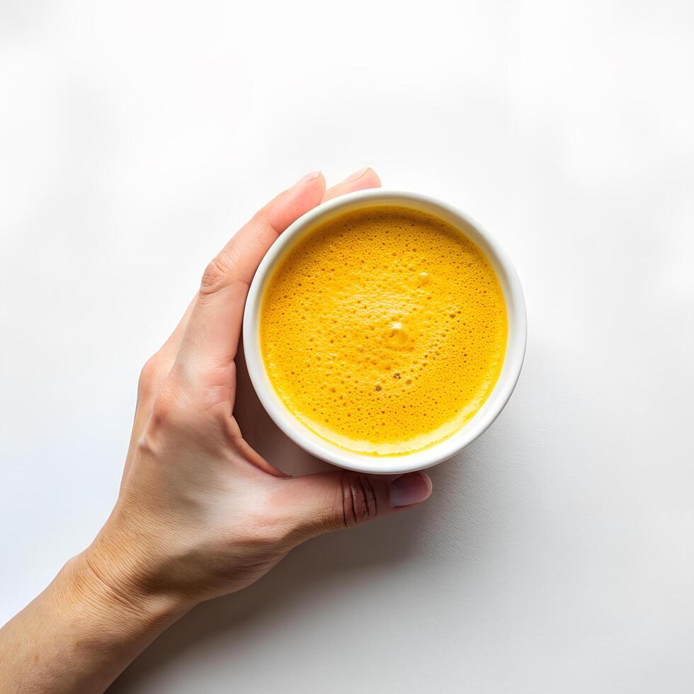 Hand holding cup of organic curcumin honey golden milk, Indian turmeric latte on white background. Top view spices yellow chai natural drink healthy food concept Stock Free