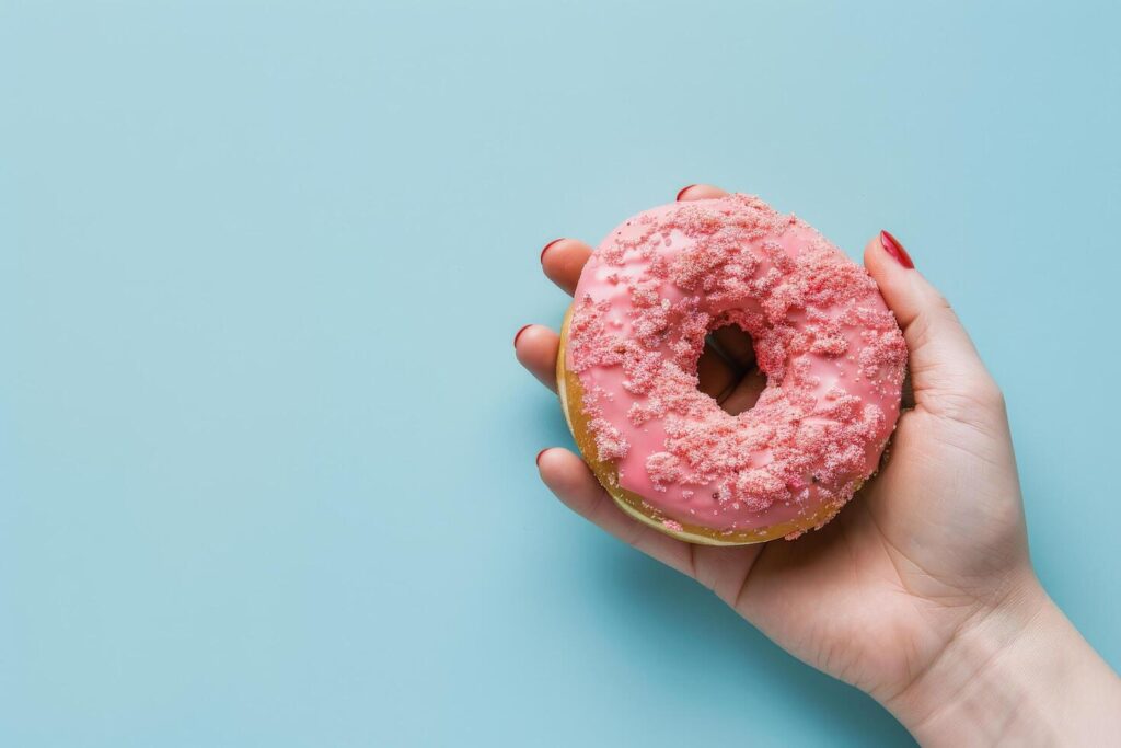 Hand Holding Pink Donut on Blue Background Stock Free