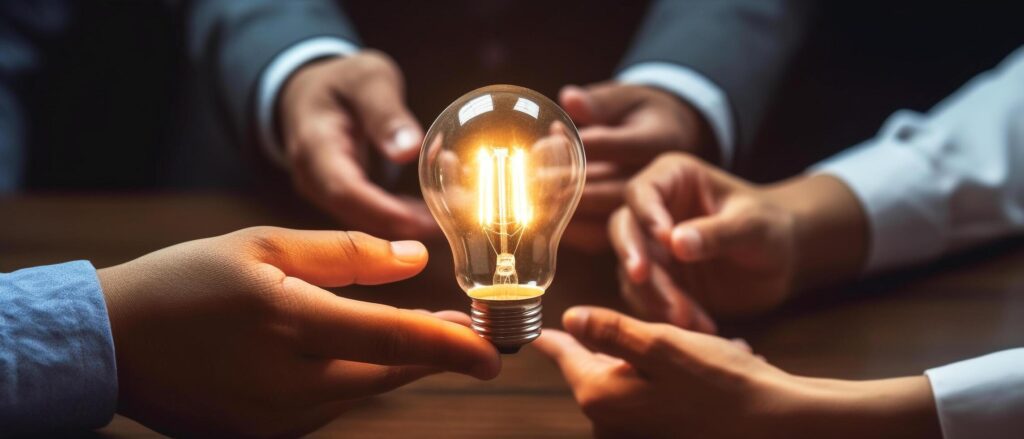 hand of business man holding light bulb with Innovation and idea business people planing and analysis work in office, dream team and team work concept, Stock Free