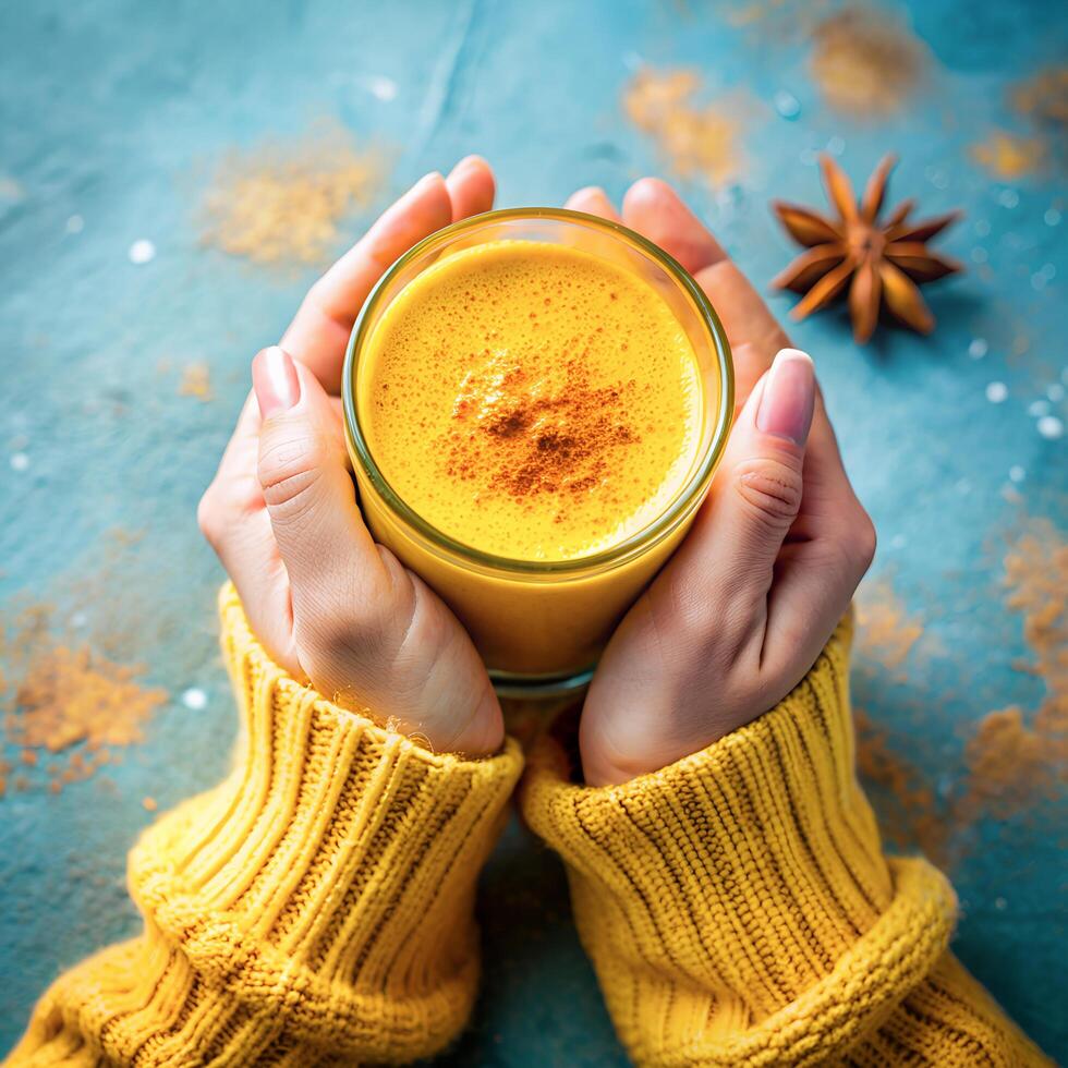 Hands holding glass of organic curcumin honey golden milk, Indian turmeric latte on blue background. Top view spices yellow chai natural drink healthy food concept Stock Free