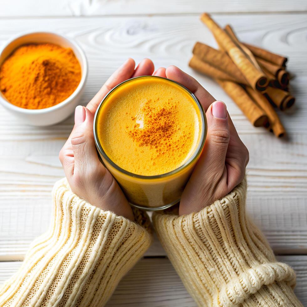 Hands holding glass of organic curcumin honey golden milk, Indian turmeric latte on white wooden table background. Top view spices yellow chai natural drink healthy food concept Stock Free