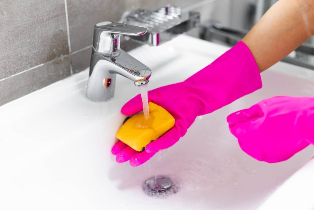 Hands in Pink Gloves Washing a Washbasin with a Sponge Free Photo