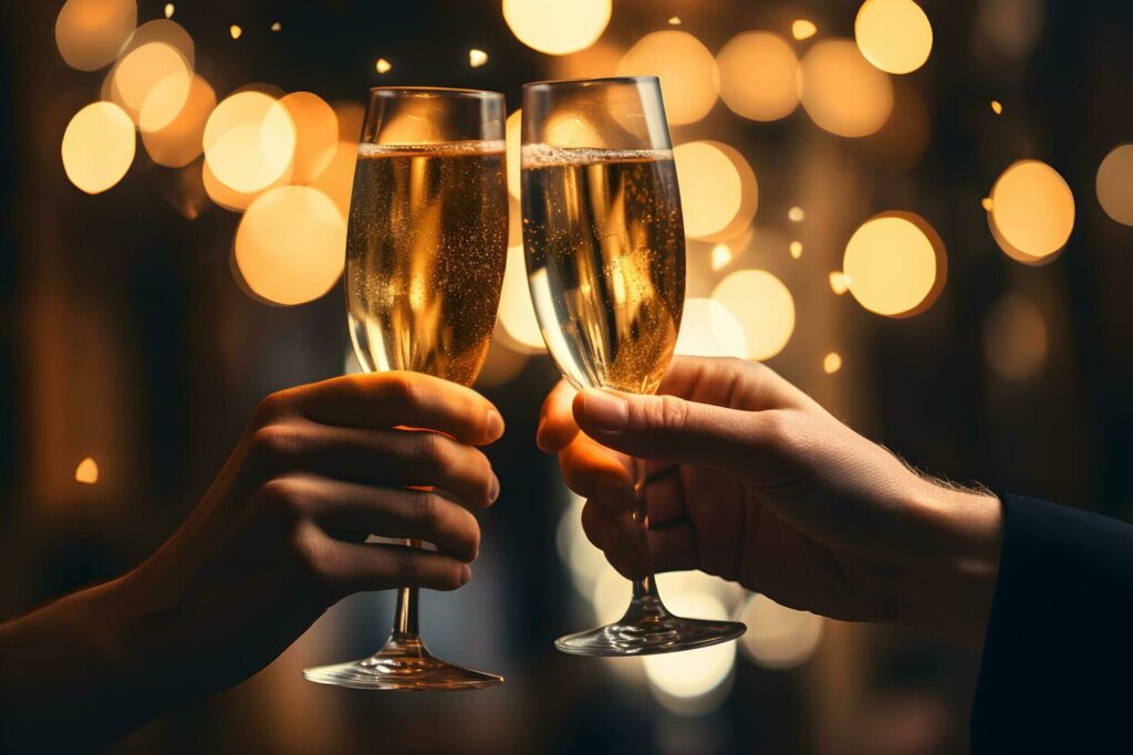 Hands of young couple holding champagne glasses on festive gold glowing bokeh background. Celebration background with sparkling wine. AI Generative Stock Free