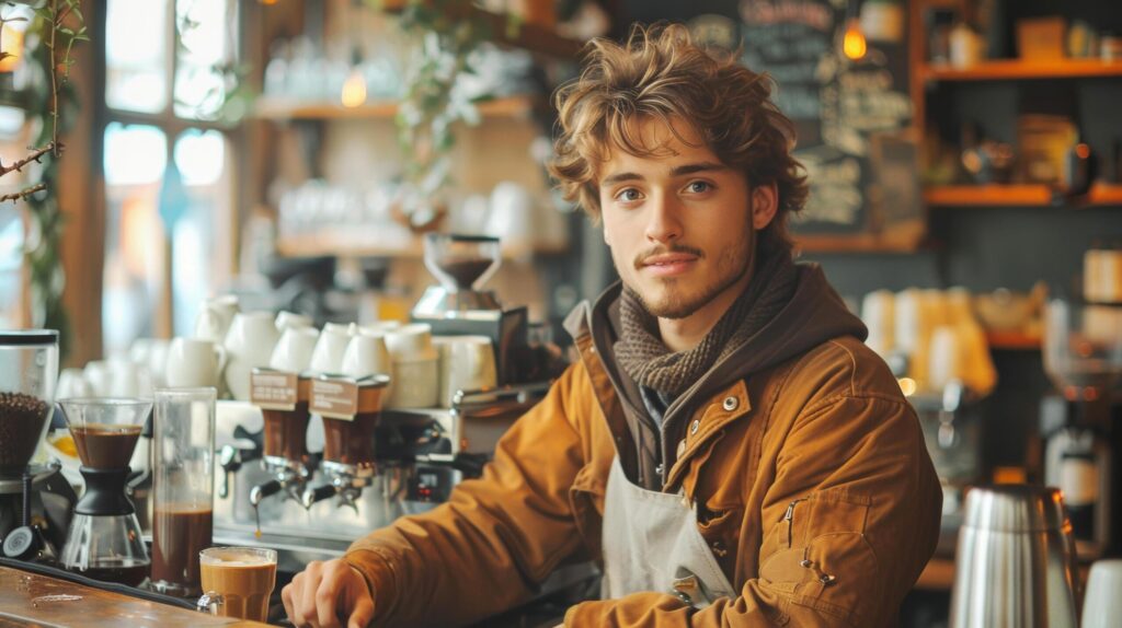 Handsome Caucasian barista young man with apron smiling and working in coffee shop and preparing coffee in cafe. AI-Generated Free Photo