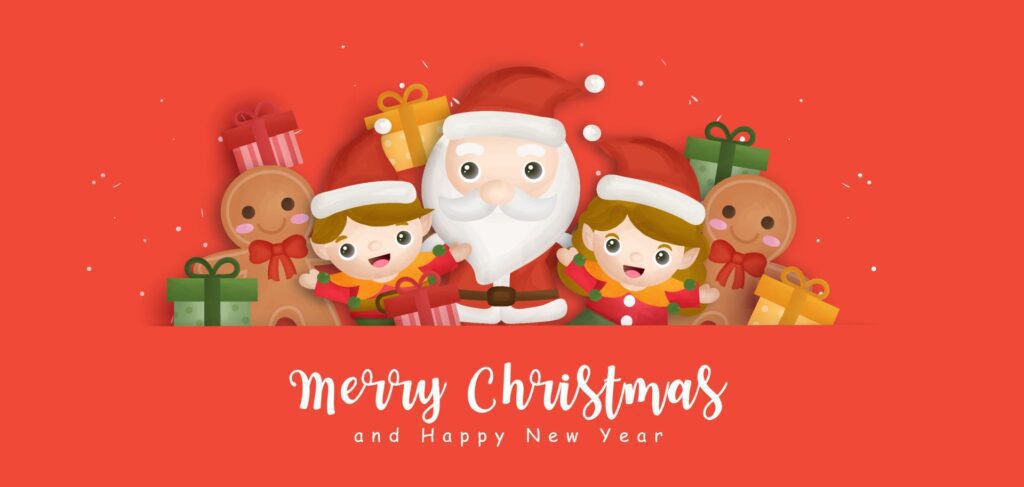 Happy Christmas background with Santa clause and friends. Free Vector