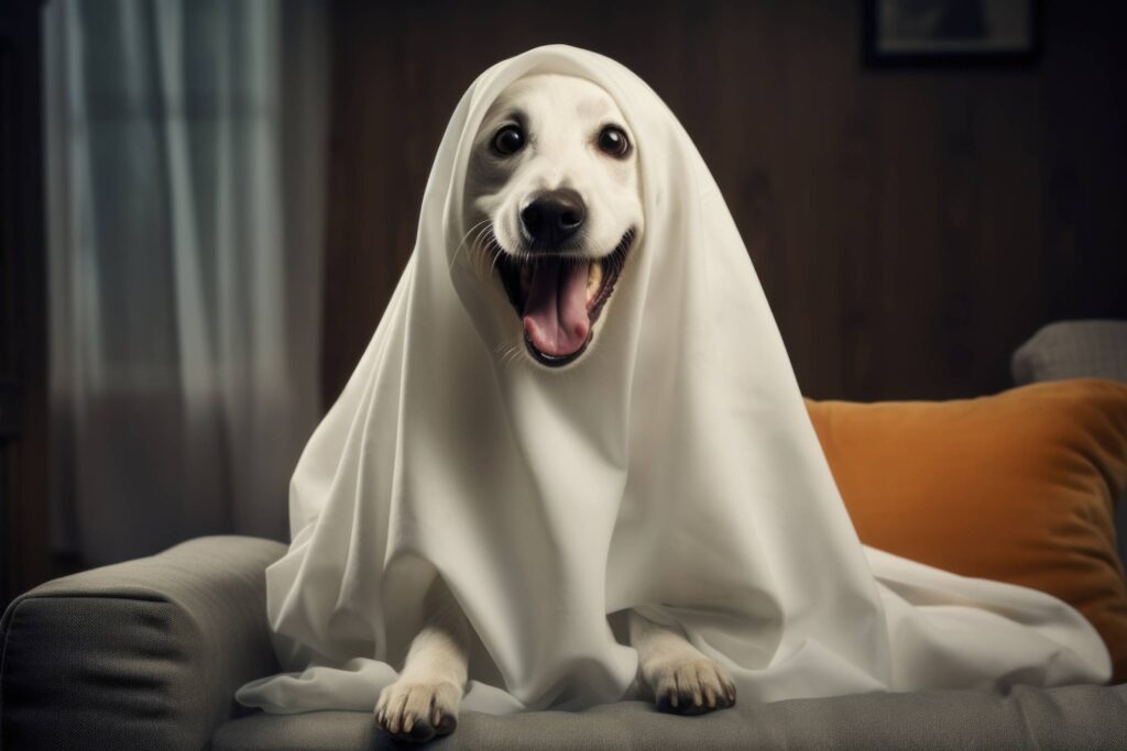 Happy Dog in Ghost Halloween Costume Stock Free