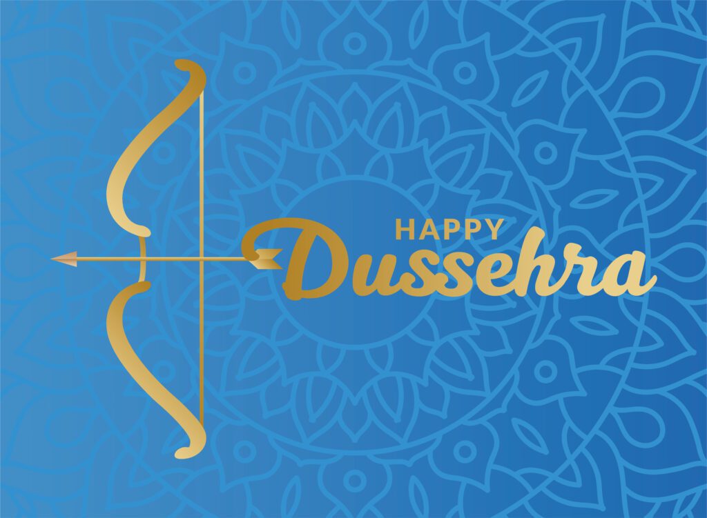 Happy dussehra and bow with arrow on blue mandala background vector design Free Vector