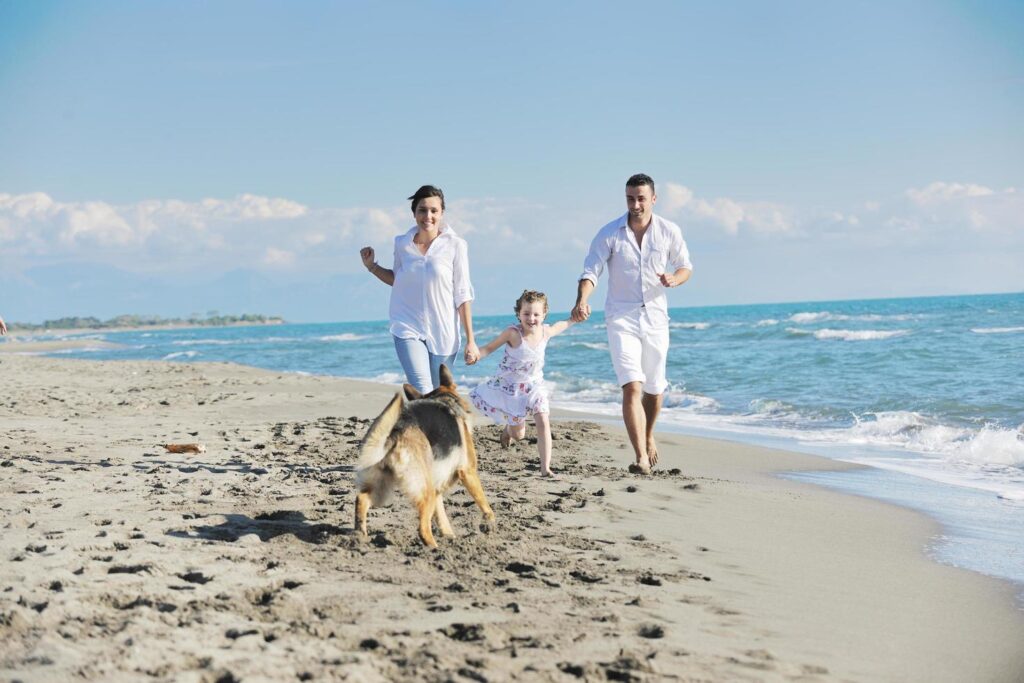 happy family playing with dog on beach Stock Free