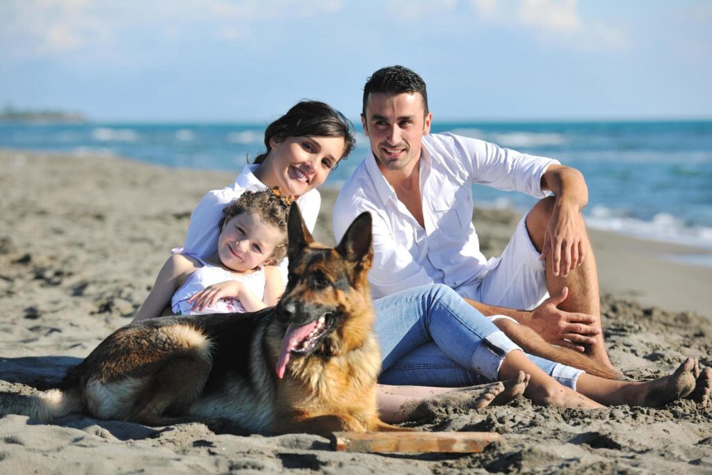 happy family playing with dog on beach Free Photo