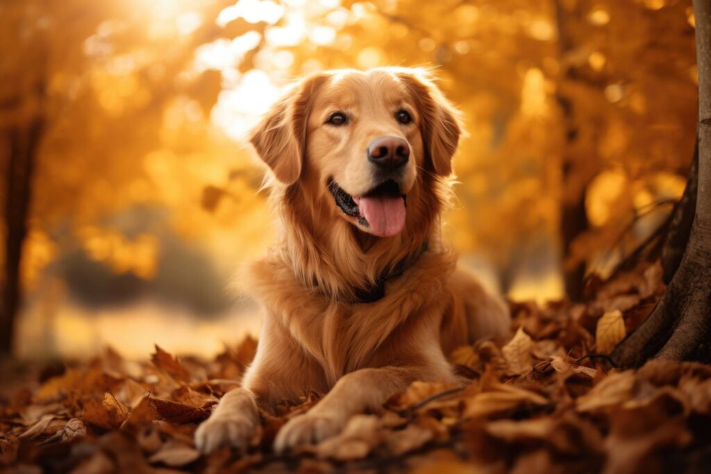 Happy Golden Retriever in Autumn Leaves Stock Free