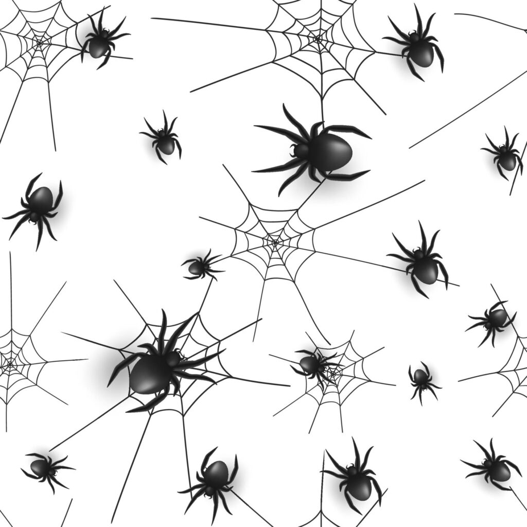 Happy Halloween design vector seamless pattern. Featuring spiderwebs and spooky 3d spiders on a white background, it adds a touch of eerie elegance to your project. Not . Free Vector