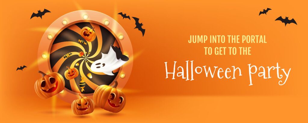 Happy Halloween vector stage 3d illustration. Featuring a spooky banner design with pumpkins, bats, ghost and a unique spiral shape, it’s perfect for holiday promotions and sales. Not . Free Vector