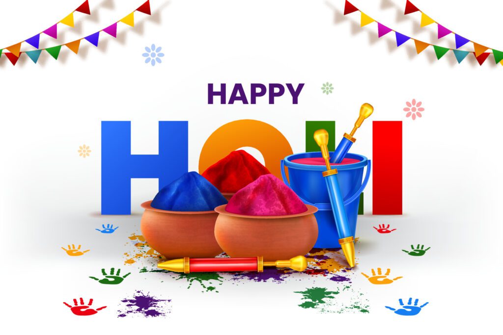 happy holi festival background design with abir, pichkari, color splash Free Vector