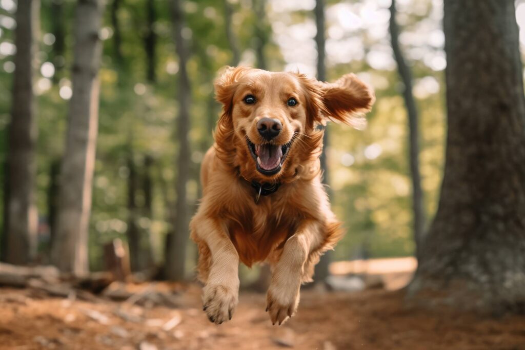 Happy Jumping Golden Retriever in Forest Stock Free