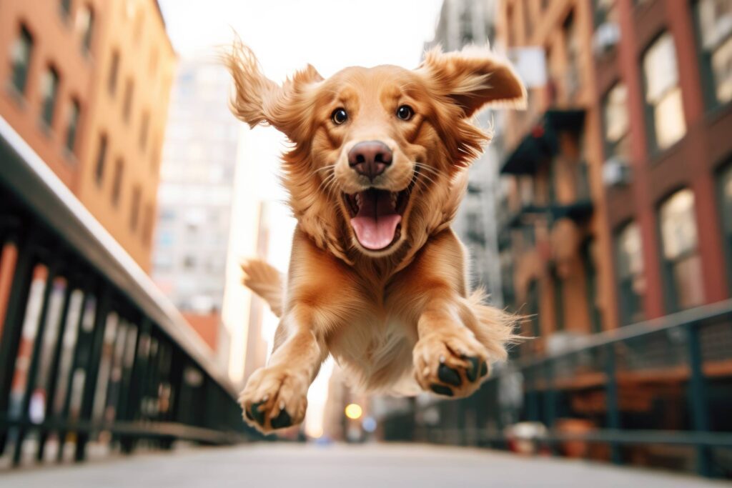 Happy Jumping Golden Retriever in New York City Street Stock Free