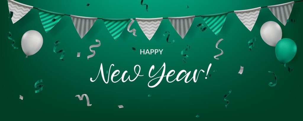 Happy New Year celebration illustration featuring confetti, balloons, green flags, and garland. Suitable for various celebrations such as birthdays, anniversaries, and events. Not . Free Vector