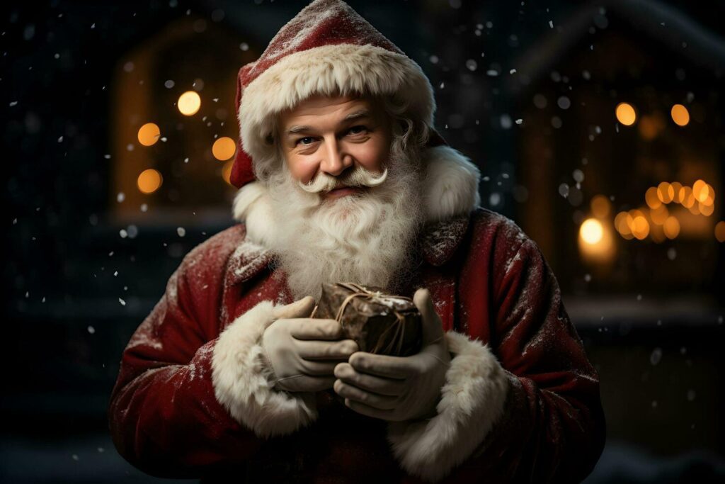 Happy Santa Claus outdoors in snowfall with christmas gift box in the hands on dark background. Stock Free