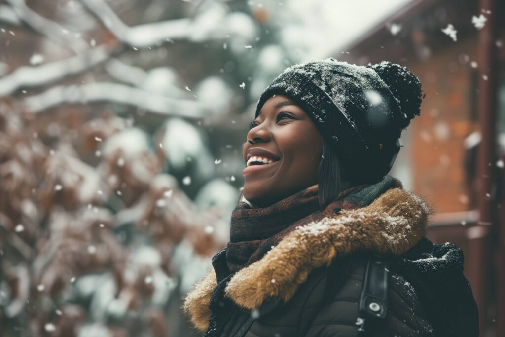 Happy Smiling African Woman Enjoying Winter Moments Stock Free