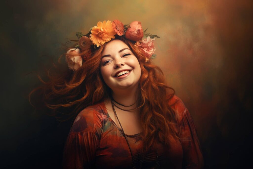 Happy Smiling Plus Size Woman Portrait with Floral Head Decorations Stock Free