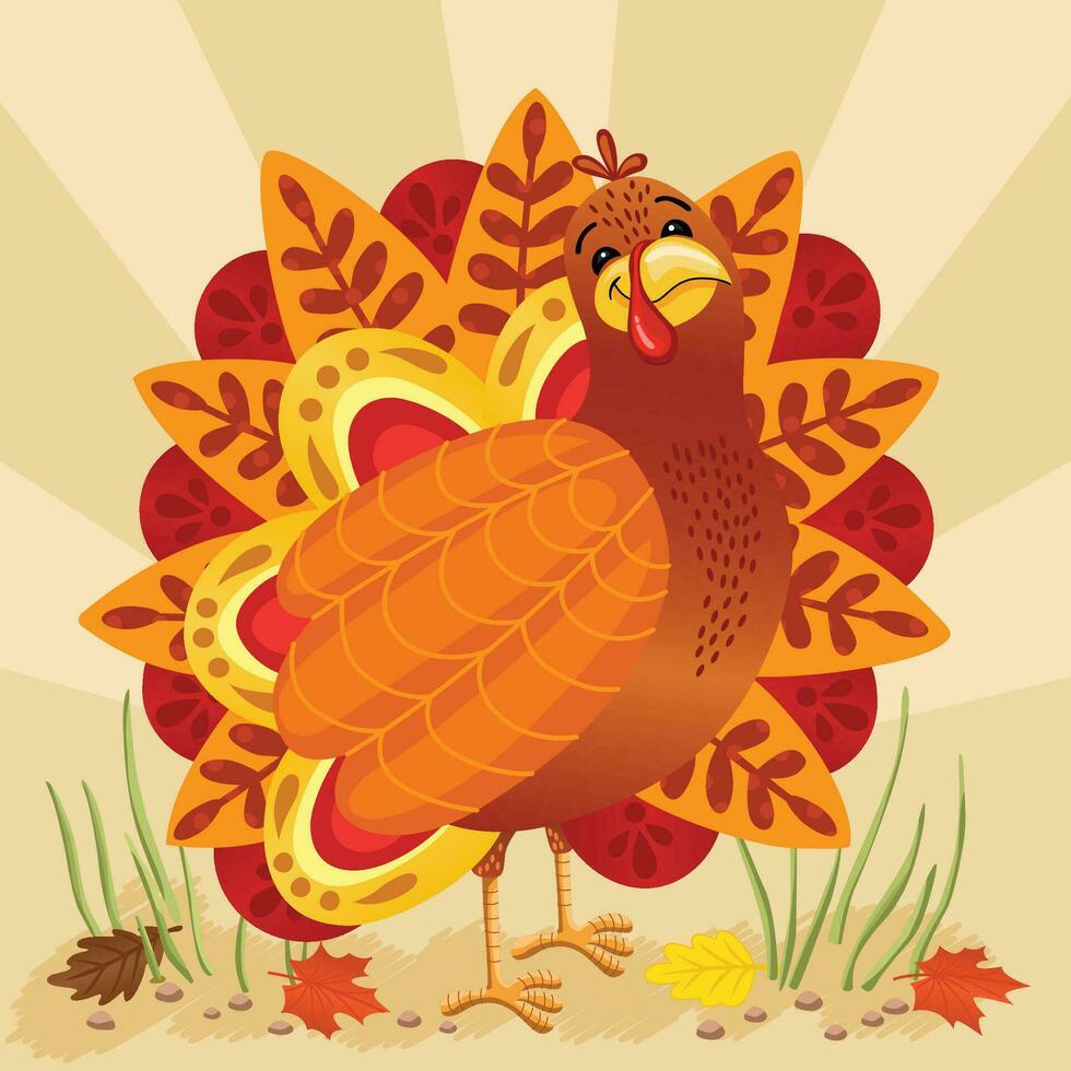 happy thanksgiving card with cartoon turkey icon with decorative autumn leaves. colorful design. vector illustration Stock Free and Free SVG