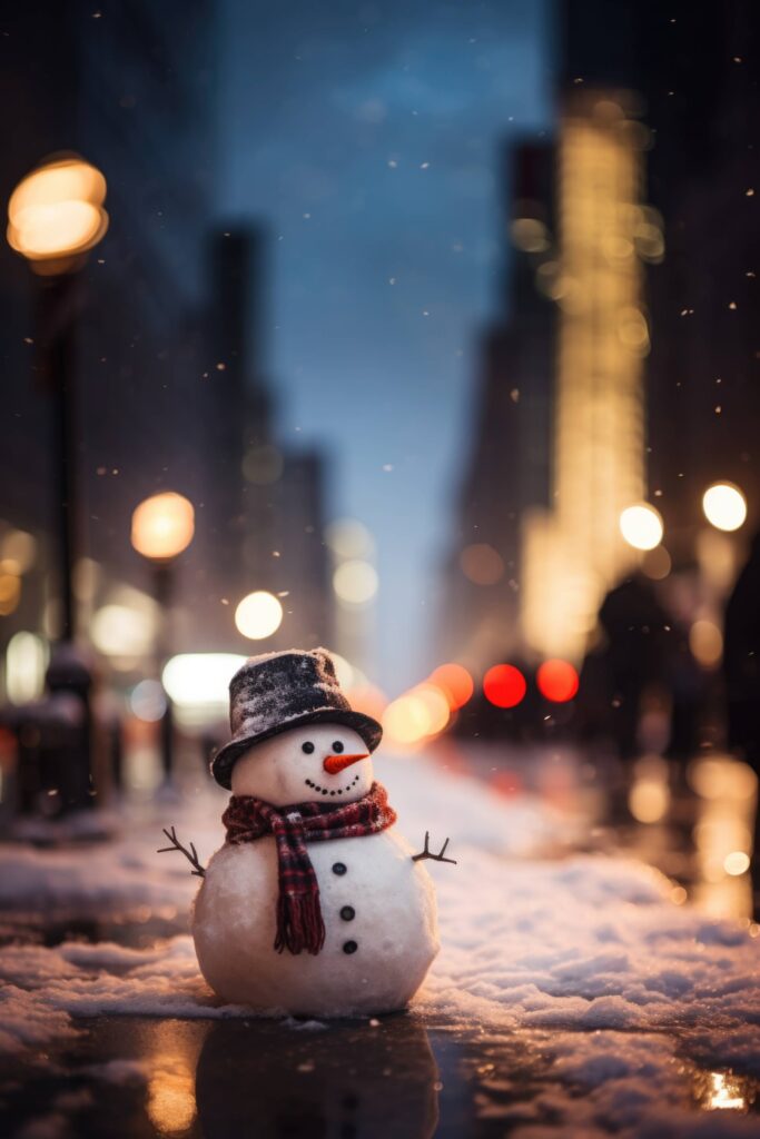 Happy Tiny Snowman in a Big City Stock Free