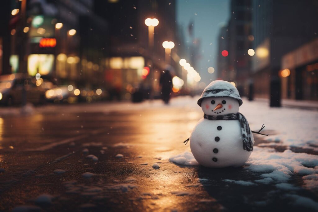 Happy Tiny Snowman in City Street Stock Free