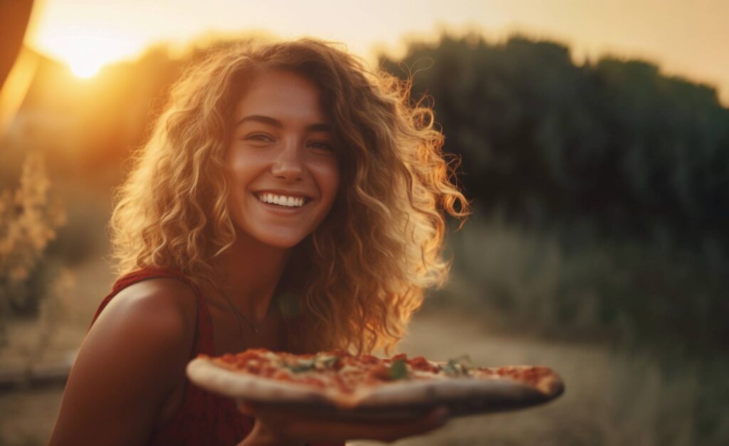 Happy Woman Eating Pizza Outside Summer Sunset Stock Free