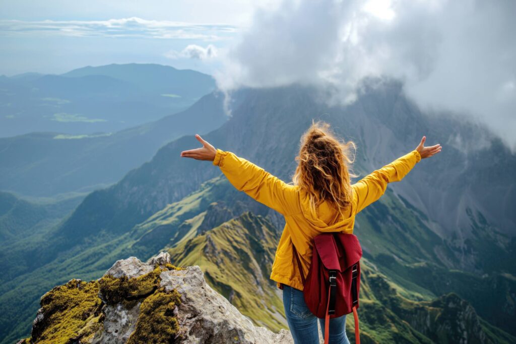 Happy Woman Hiker on Top of Mountain Motivation Stock Free