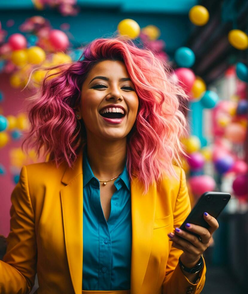 Happy young business woman with colorful hair and a smartphone in her hand laughs and screams with joy. AI Generative Stock Free